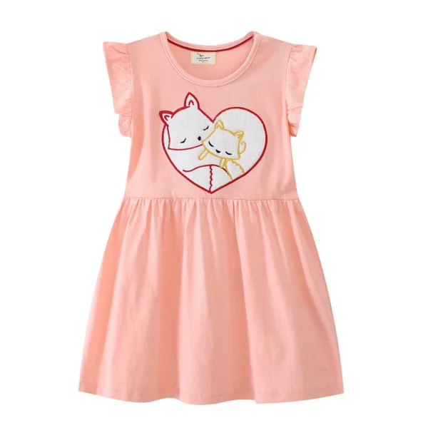 Pink Fox Heart Dress – Sleeveless Ruffle Cotton Party Outfit for Girls 2-7 Years