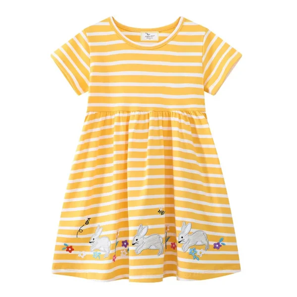 Yellow Striped Rabbit Embroidery Dress – Cute Cotton Summer Outfit for Girls 2-7T 🌼✨🐰