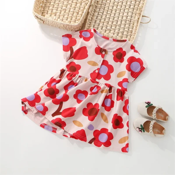 Red Floral Print Summer Dress – Cotton Party Outfit for Girls 3-8T 🌺✨ - Image 2