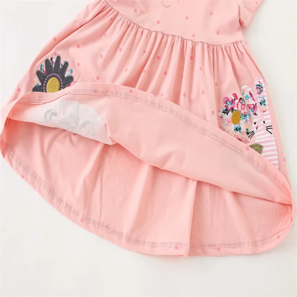 Pink Polka Dot Bunny & Bird Appliqué Dress – Cotton Summer Outfit for Girls 3-8T 🐰🌸✨ - Image 4