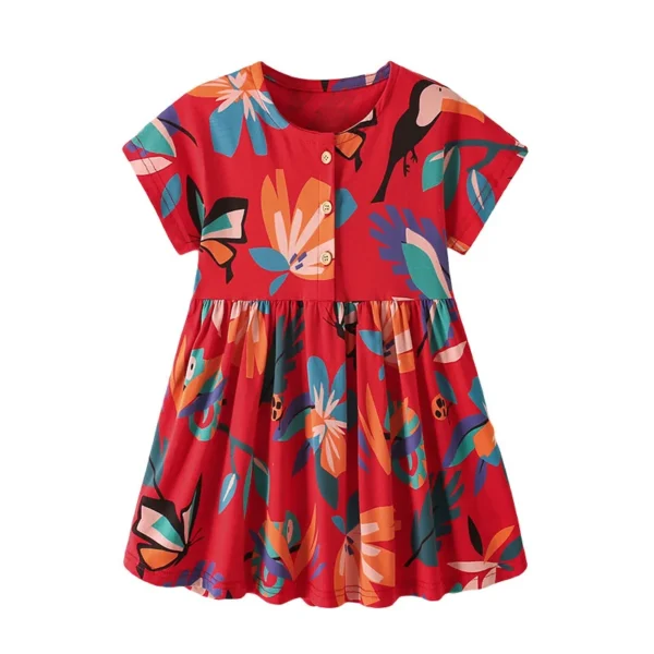 Red Tropical Bird Print Dress – Short Sleeve Cotton Party Outfit for Girls 3-8 Years