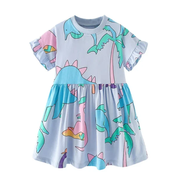 Blue Dinosaur Print Dress – Short Sleeve Ruffle Summer Outfit for Girls 3-8 Years 🦖💙🦕