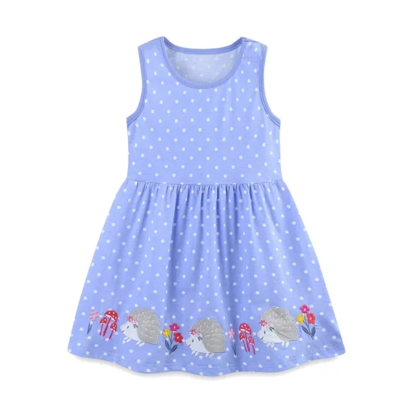 Lavender Hedgehog Polka Dot Dress – Sleeveless Cotton Party Outfit for Girls 2-7T