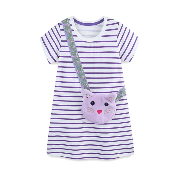 Striped Purple Cat Bag Dress for Girls - Short Sleeve Cotton Dress with Cute Cat Pocket 2-7T 🐱👗