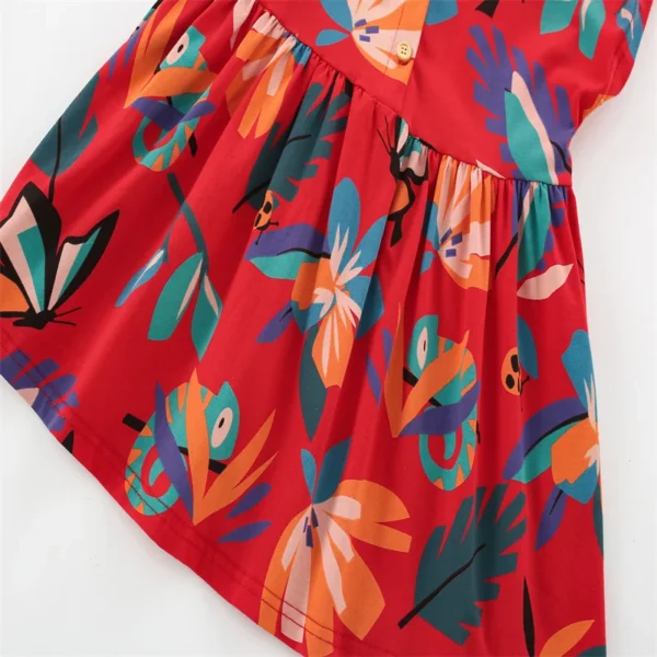 Red Tropical Bird Print Dress – Short Sleeve Cotton Party Outfit for Girls 3-8 Years - Image 5