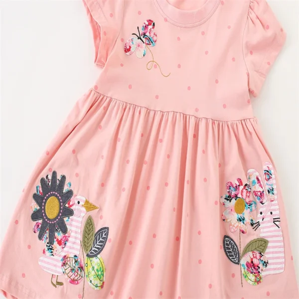 Pink Polka Dot Bunny & Bird Appliqué Dress – Cotton Summer Outfit for Girls 3-8T 🐰🌸✨ - Image 3