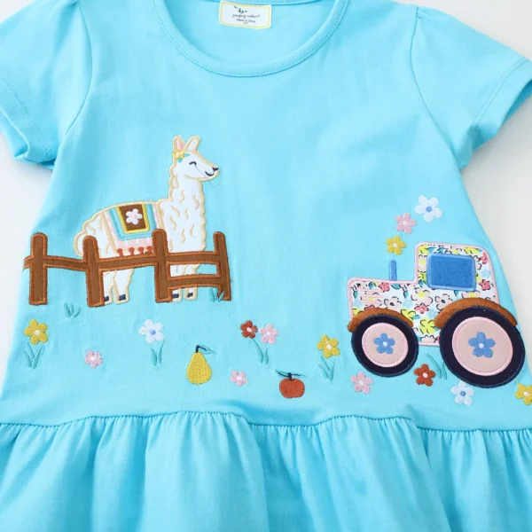 Blue Llama & Tractor Embroidery Summer Dress – Short Sleeve Cotton Party Outfit for Girls 🚜🦙 - Image 3