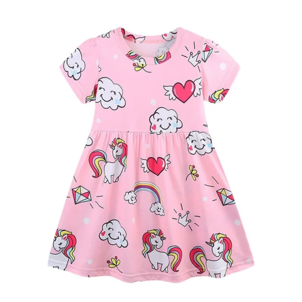 Pink Unicorn & Heart Print Summer Girls Dress – Cute Short Sleeve Party Outfit 🎀✨ 3-8T