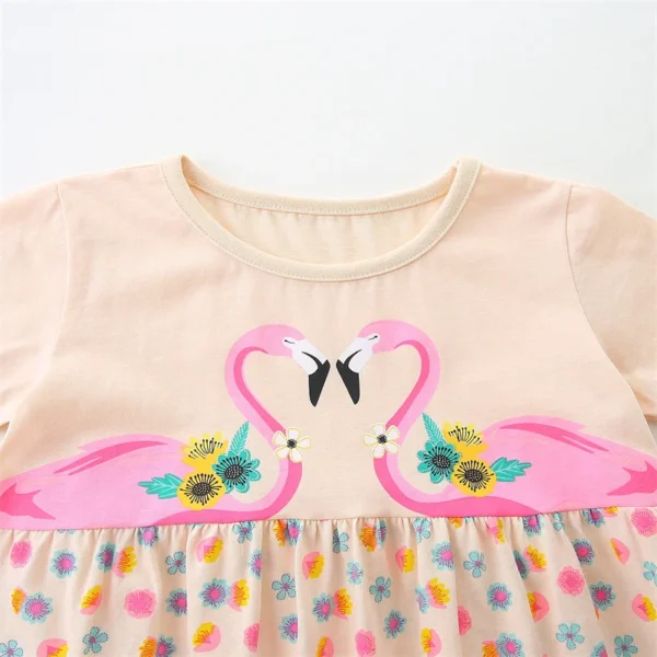 Peach Flamingo Print Girls Summer Dress – Short Sleeve, Floral Tiered Skirt, Cotton Casual Outfit for Kids  2-7T🌸🦩 - Image 3