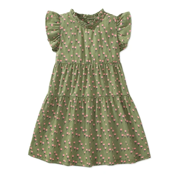 Floral Print Green Tiered Dress for Girls with Pink Flower Design and Ruffled Sleeves - 2-8T Cotton Summer Dress 🌸👗