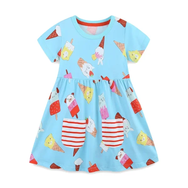 Blue Ice Cream Print Dress – Striped Pocket Cotton Summer Dress for Girls 2-7T 🍦🎀