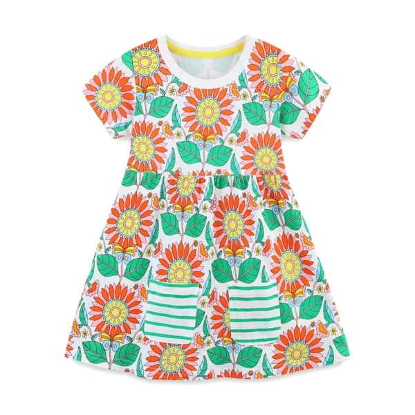 Flower Print Pocket Dress – Short Sleeve Cotton Summer Outfit for Girls 2-7 Years 🌹 🌺 🌼