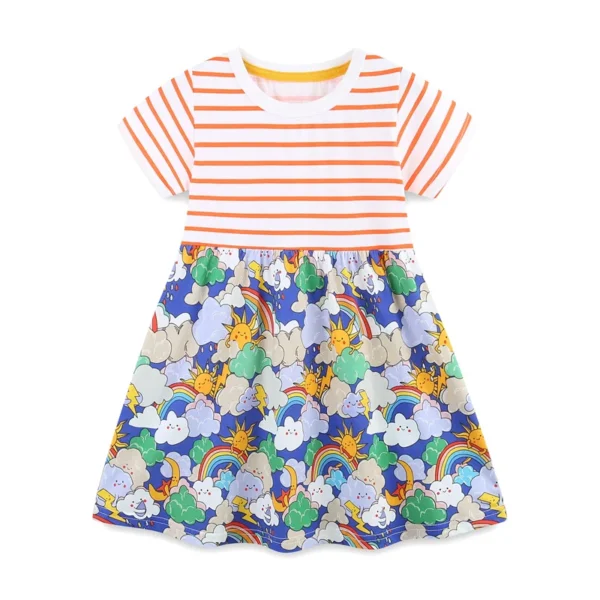 Rainbow & Clouds Print Dress – Short Sleeve Cotton Summer Outfit for Girls 2-7 Years