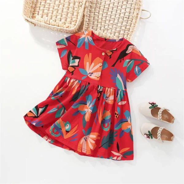 Red Tropical Bird Print Dress – Short Sleeve Cotton Party Outfit for Girls 3-8 Years - Image 2