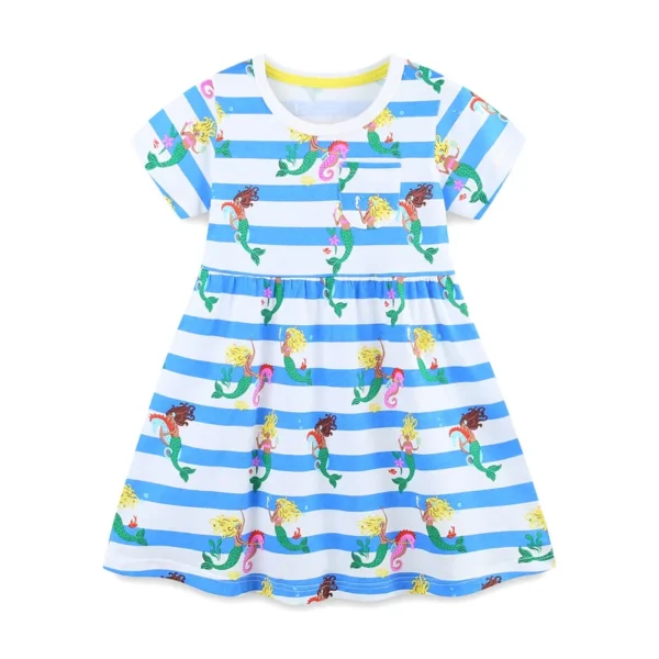 Blue Striped Mermaid Dress – Summer Short Sleeve Outfit for Girls 2-7T 🧜‍♀️💙