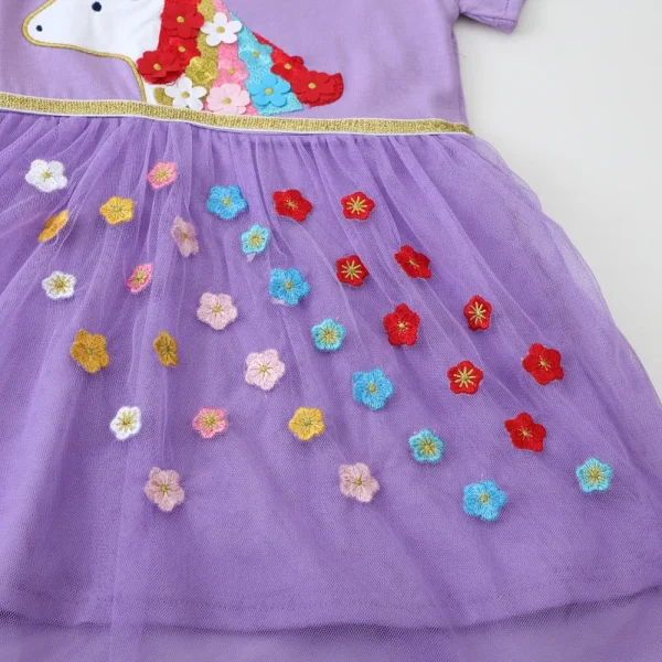 Floral Unicorn Applique Dress – Short Sleeve Embroidered Party Outfit for Girls 2-7T ✨🦄🌸 - Image 3