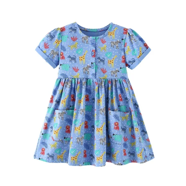 Blue Animal Print Dress – Short Sleeve Button-Up Party Outfit for Girls 2-7 Years