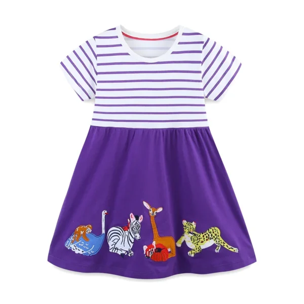 Purple Safari Animal Dress – Short Sleeve Striped Cotton Outfit for Girls 2-7 Years