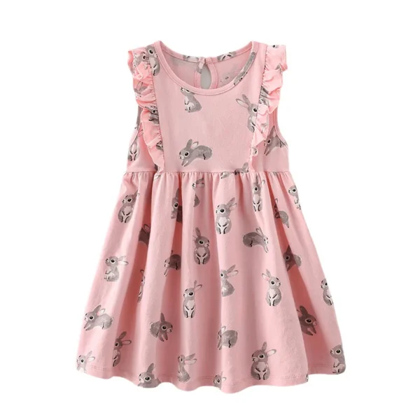 Pink Bunny Print Dress – Sleeveless Ruffle Summer Outfit for Girls 2-7 Years